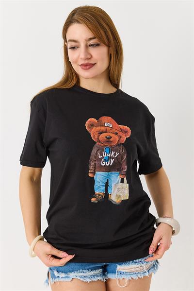 Ayıcık Baskılı Pamuklu Bisiklet Yaka Tshirt Siyah