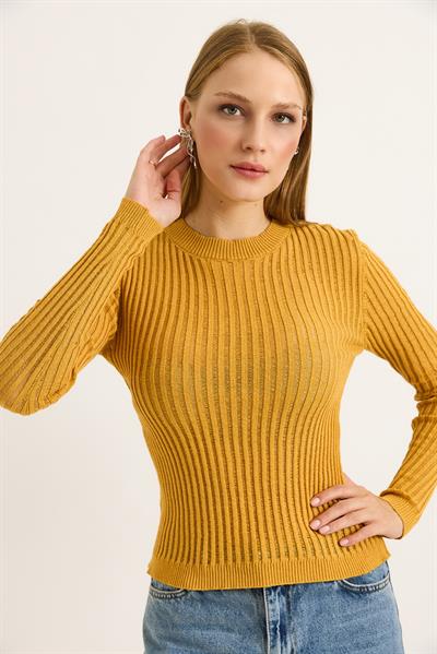 Bisiklet Yaka Triko Örme Bluz Hardal
