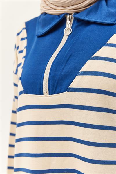 Fermuarlı Çizgili Gömlek Yaka Takım Lacivert