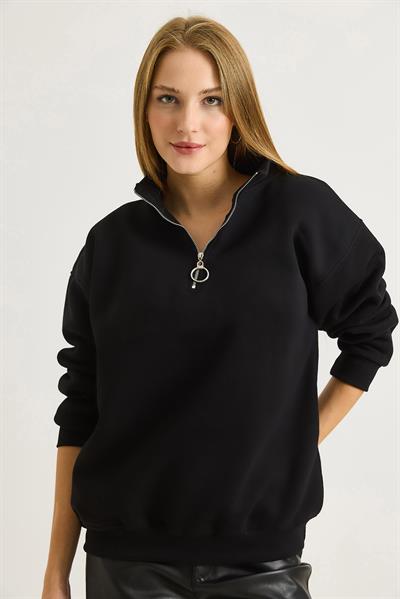 Kadın Yaka Fermuarlı 2 İplik Sweatshirt Siyah