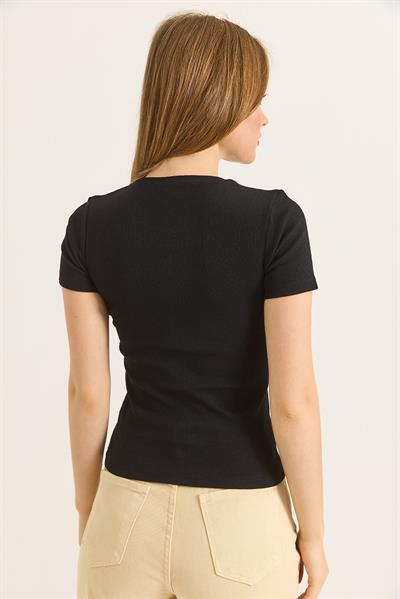 Bisiklet Yaka Zincir Detaylı Kaşkorse Bluz Siyah 