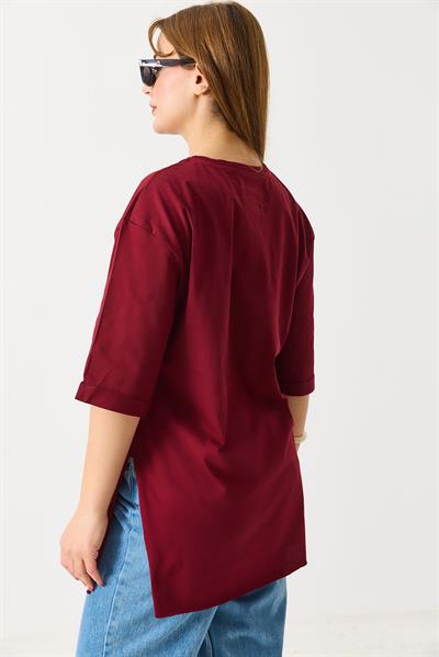 Kadın Yanları Yırtmaçlı Oversize  Basic Tshirt Bordo