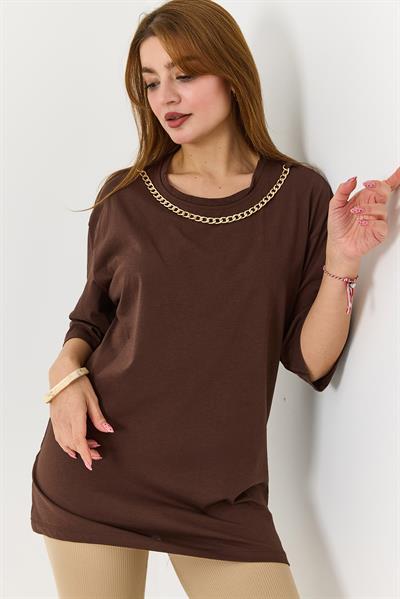 Kadın Yakası Gold Zincirli Bisiklet Yaka Tshirt Kahverengi