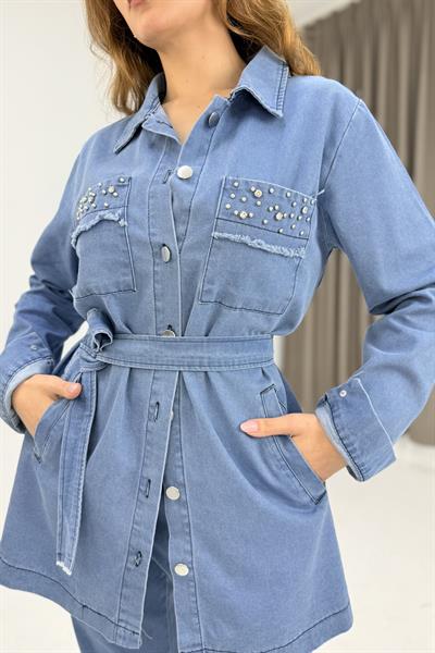 Kuşaklı Cepleri Taş Detaylı Pantolon Tunik Jean Takım