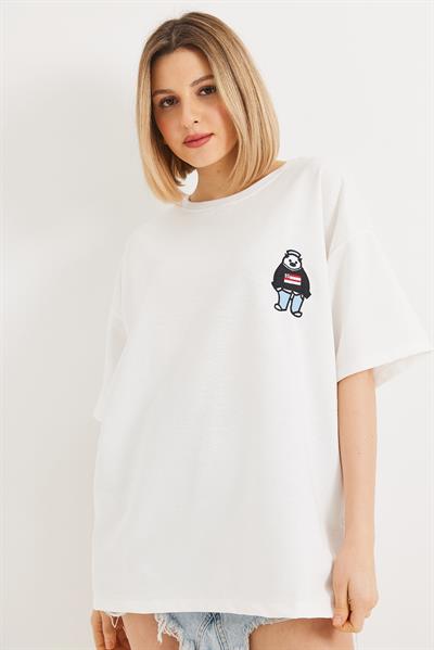 Nakışlı Bisiklet Yaka Tshirt Beyaz