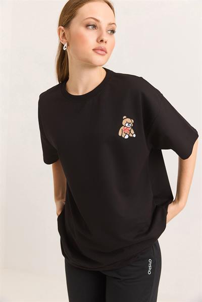 Ayıcık Nakışlı Oversize İki İp Tshirt Siyah
