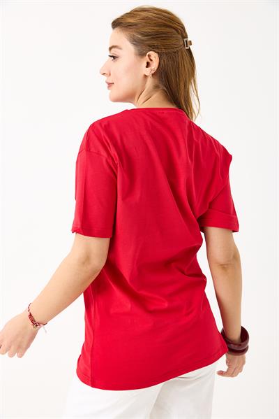 Ayıcık Baskılı Pamuklu Bisiklet Yaka Tshirt Kırmızı