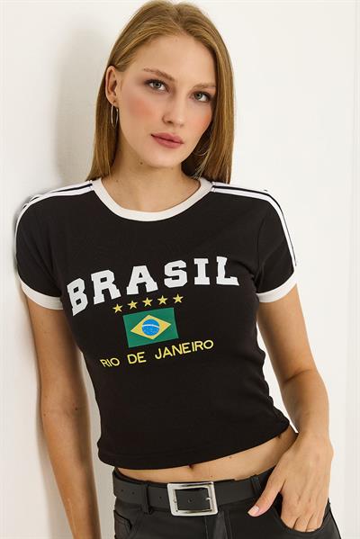 Bisiklet Yaka Şerit Detaylı Kadın Crop Tshirt Siyah