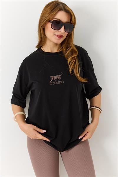 Kadın Leopar Nakışlı Bisiklet Yaka Tshirt Siyah
