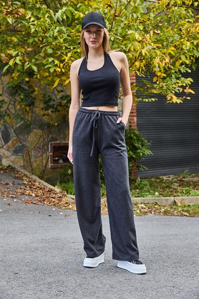 Kadın Selanik Yüksel Bel Esnek ve Dökümlü Triko Pantalon Füme