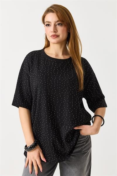 Kadın Taş Detaylı Bsiklet Yaka Oversize Tshirt Siyah