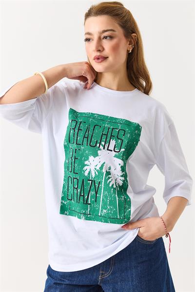 Kadın Baskılı Bisiklet Yaka Kısa Kol Tshirt Beyaz