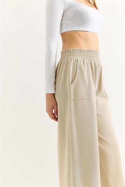 Kadın Pantalon Geniş Paça Cepleri Dikiş Detaylı  Pantalon Bej