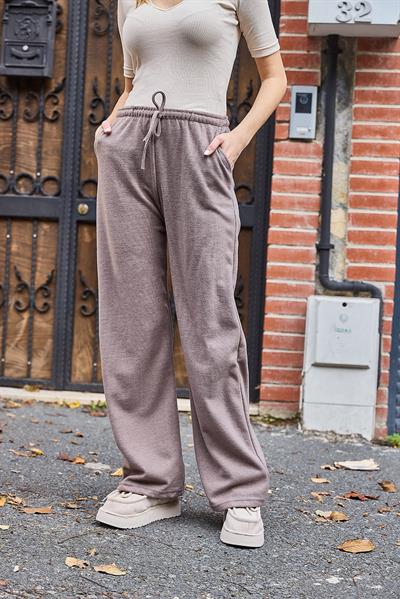 Kadın Selanik Yüksel Bel Esnek ve Dökümlü Triko Pantalon Vizon