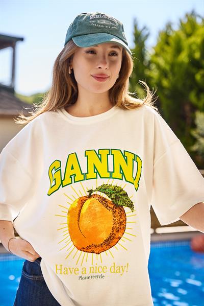Bisiklet Yaka Baskılı Oversize Tshirt Krem