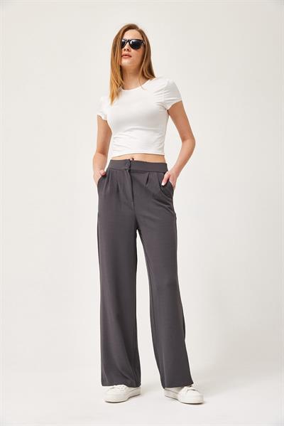 Yüksek Bel Cepli Palazzo Pantolon Füme