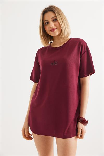 Eteği Oval Kesim Bisiklet Yaka Tshirt Bordo