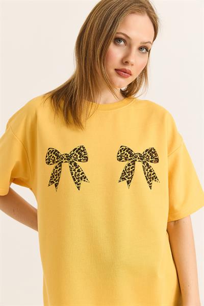 Kurdele Baskı Detaylı Basic TShirt  Sarı