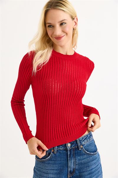 Bisiklet Yaka Triko Örme Bluz Kırmızı