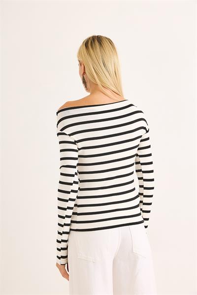 Kadın Çizgi Desen Geniş Yaka Uzun Kollu Bluz Siyah