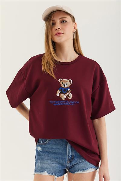 Bisiklet Yaka Oversize T-Shirt Bordo