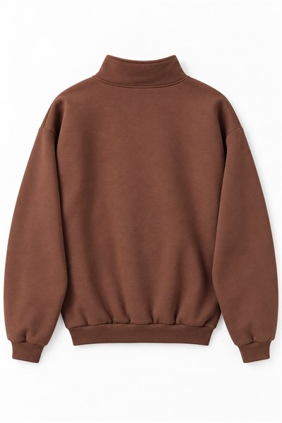 Kadın Dik Yaka Yarım Fermuarlı Baskılı Sweatshirt Kahverengi