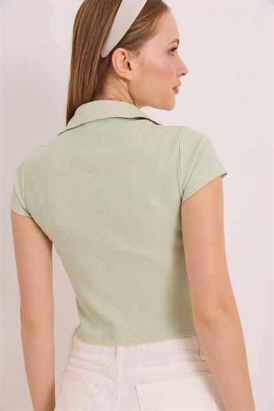 Polo Yaka Basıc Kısa Kollu Örme Kaşkorse Crop Bluz Yeşil