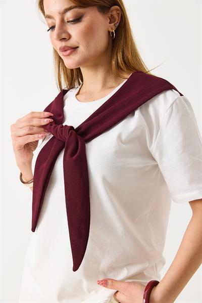 İki Renkli Bordo  Kaşkorse Şal Bağlamalı Tshirt Beyaz