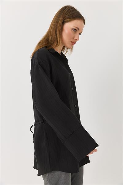 Kadın Siyah Oversize İnce Kemerli İspanyol Kol Yumuşak Keten Gömlek