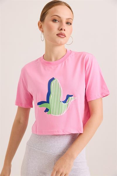 Karikatür Kuş Baskılı Pamuk Örme Crop Tshirt Pembe