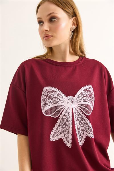 Fiyonk Baskılı Oversize Kesim Tshirt Bordo