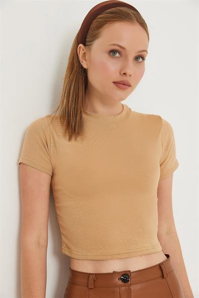 Bisiklet Yaka Esnek Crop Bluz Vizon