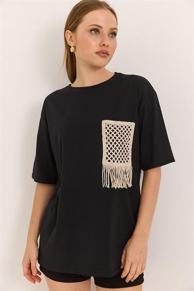 Hasır Cepli Yumuşak Dokulu Fit Tshirt Siyah