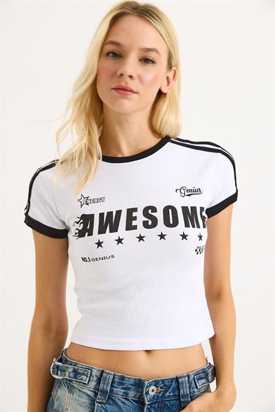 Bisiklet Yaka Baskılı Crop Tshirt Beyaz