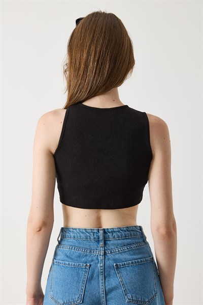 Kadın Göğüs Dekolte Kaşkorse Crop Bluz Siyah