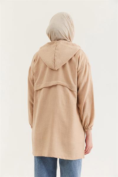 Araboy Kapşonlu Keten Kap Bej