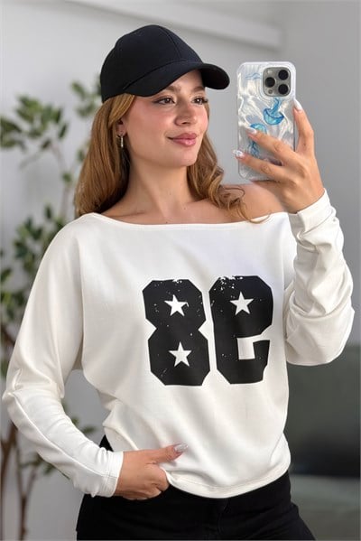 Kayık Yaka Viskon 98 Baskılı  Uzun Kollu Tshirt Beyaz