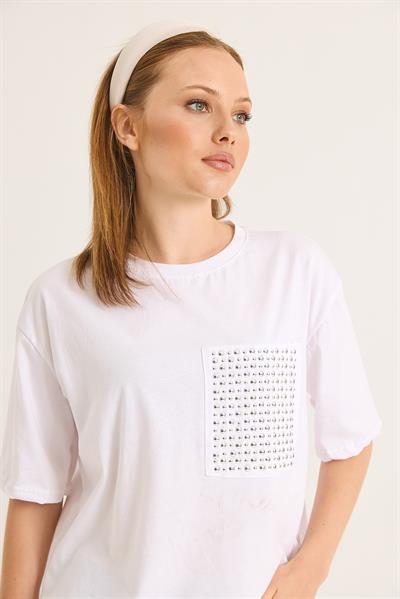 Bisiklet Yaka Taş Detaylı Cepli Tshirt Beyaz