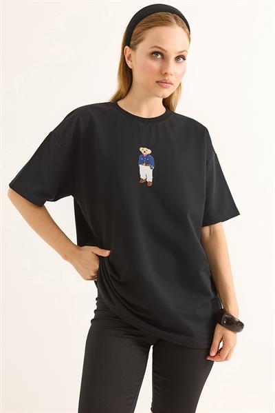 Rahat Kalıp Baskılı Kadın Tshirt Siyah