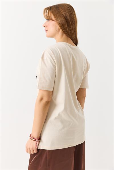 Kadın Bisiklet Yaka Baskılı Kısa Kol Tshirt Krem
