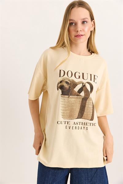 Baskılı Bisiklet Yaka Basic Tshirt Bej