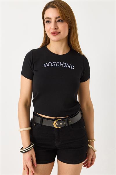 Kadın Taş Baskı Detaylı Crop Bluz Siyah