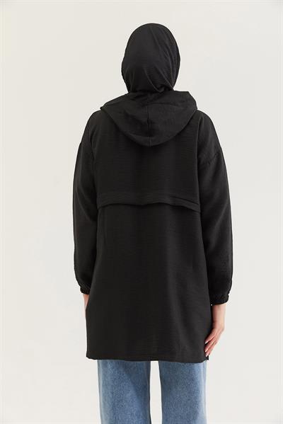 Araboy Kapşonlu Keten Kap Siyah
