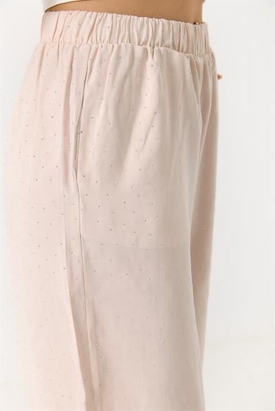 Kadın Taş Detaylı Bol Kesim Keten Görünümlü Pantolon Krem