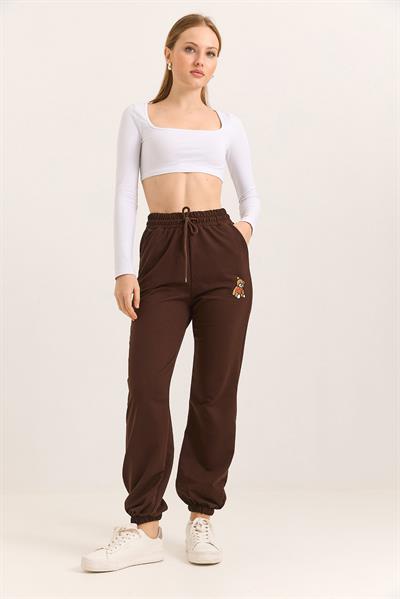 Ayıcık Baskılı Cepli Beli Lastikli İki İp Eşofman Kahverengi
