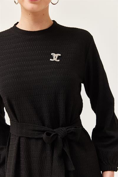 Kuşaklı Kat Keten Elbise Siyah