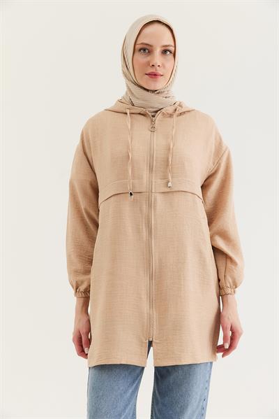 Araboy Kapşonlu Keten Kap Bej