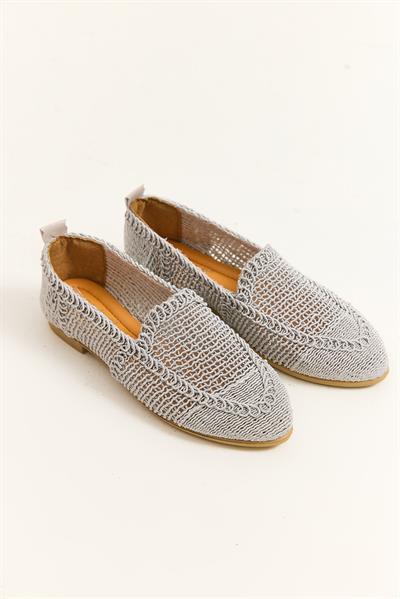Örgü Tasarım Kadın Babet Ayakkabı Gri