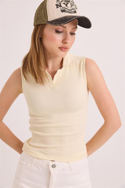 Sıfır Kol Polo Yaka Basıc Örme Kaşkorse Bluz Bej