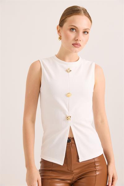 Bisiklet Yaka Gold Düğmeli Ottoman Fitilli Bluz Beyaz